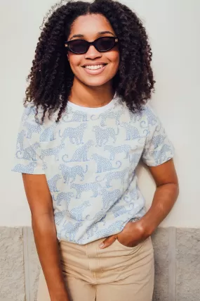 Maggie T-Shirt - Off-White/Blue, Leopard Spots