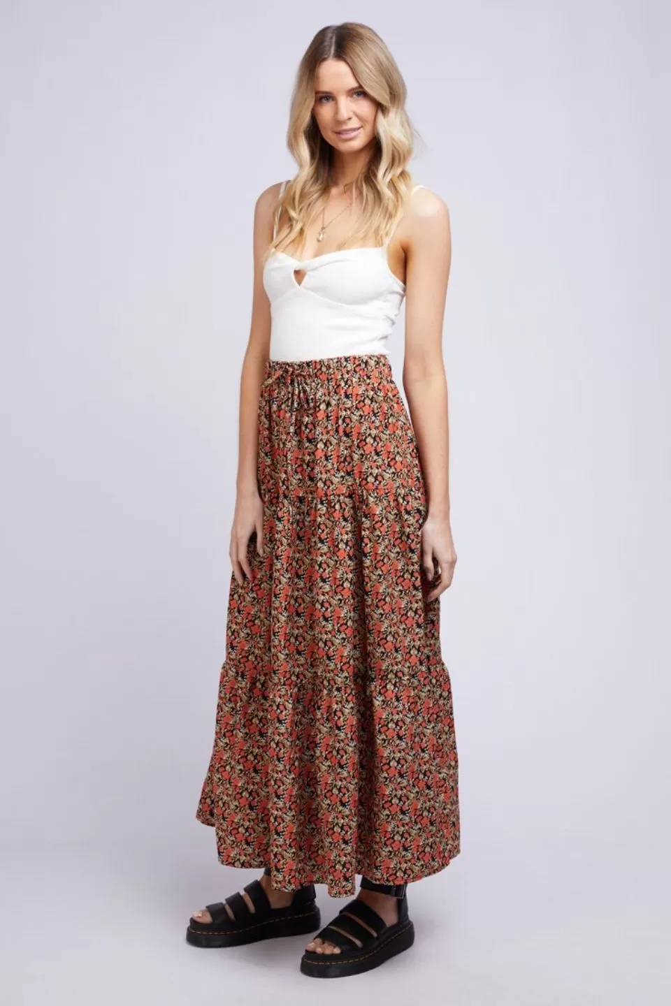 Mystic Terracotta Floral Tiered Midi Skirt