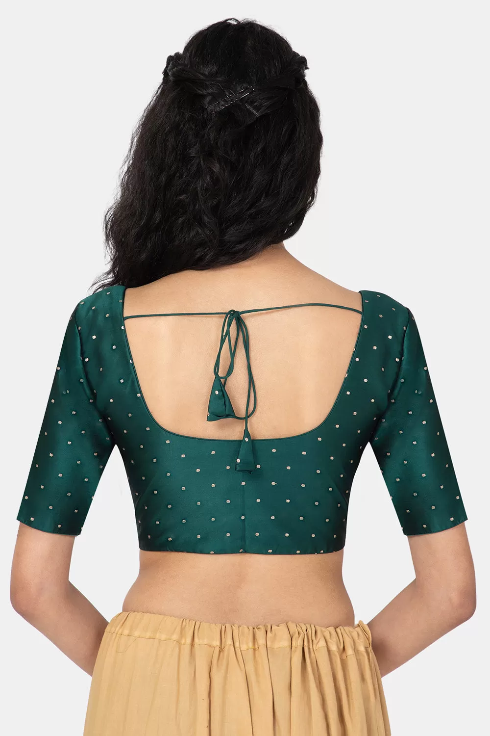 Naidu Hall Ethnic Jacquard Saree Blouse with Round Neck Elbow Sleeves - Bottle Green