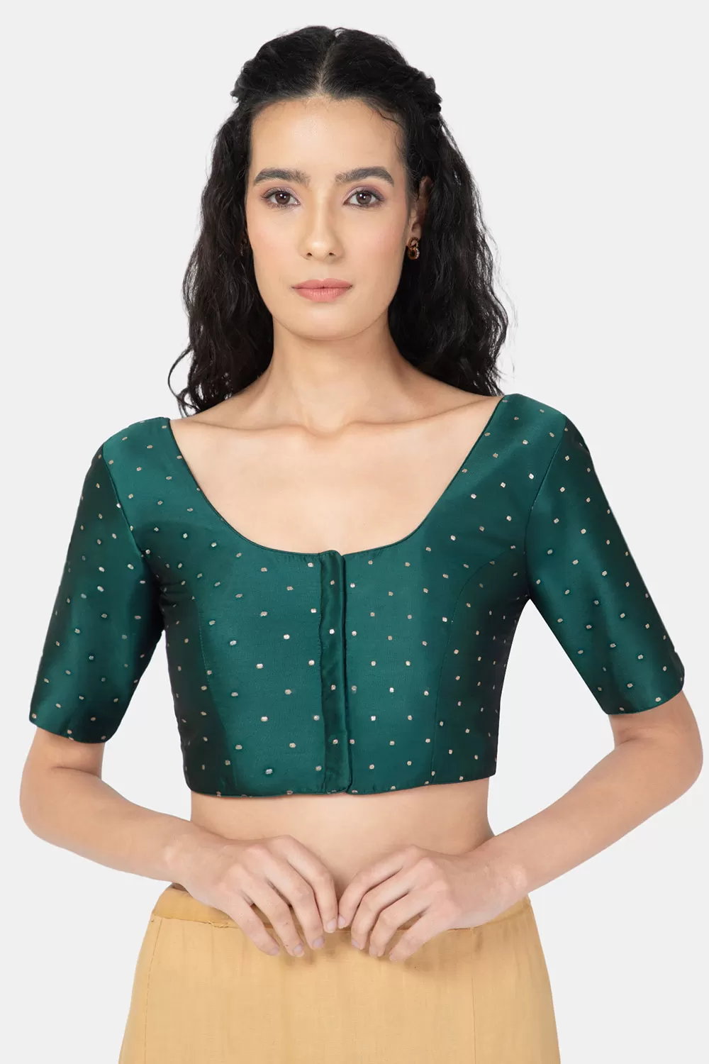 Naidu Hall Ethnic Jacquard Saree Blouse with Round Neck Elbow Sleeves - Bottle Green