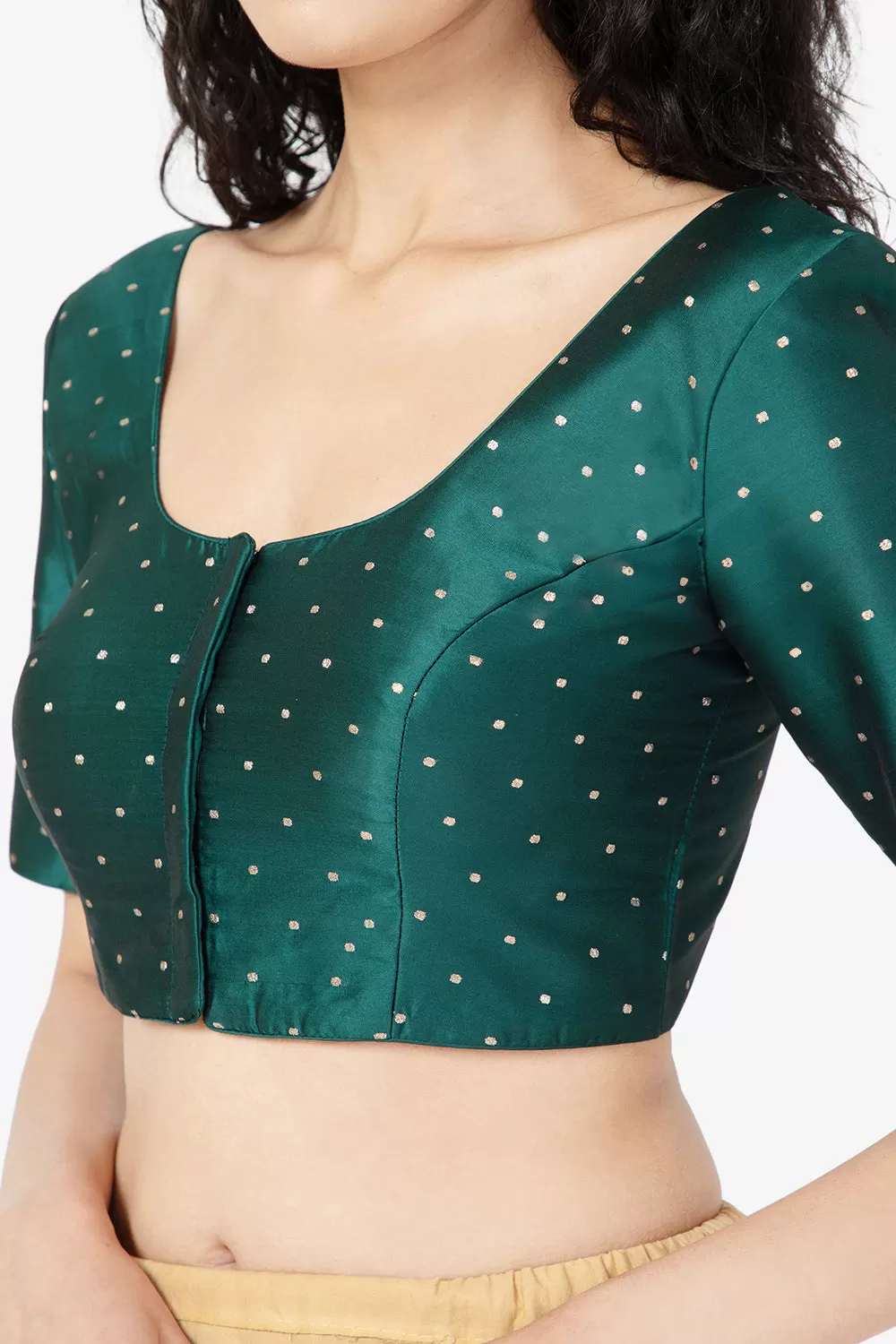 Naidu Hall Ethnic Jacquard Saree Blouse with Round Neck Elbow Sleeves - Bottle Green