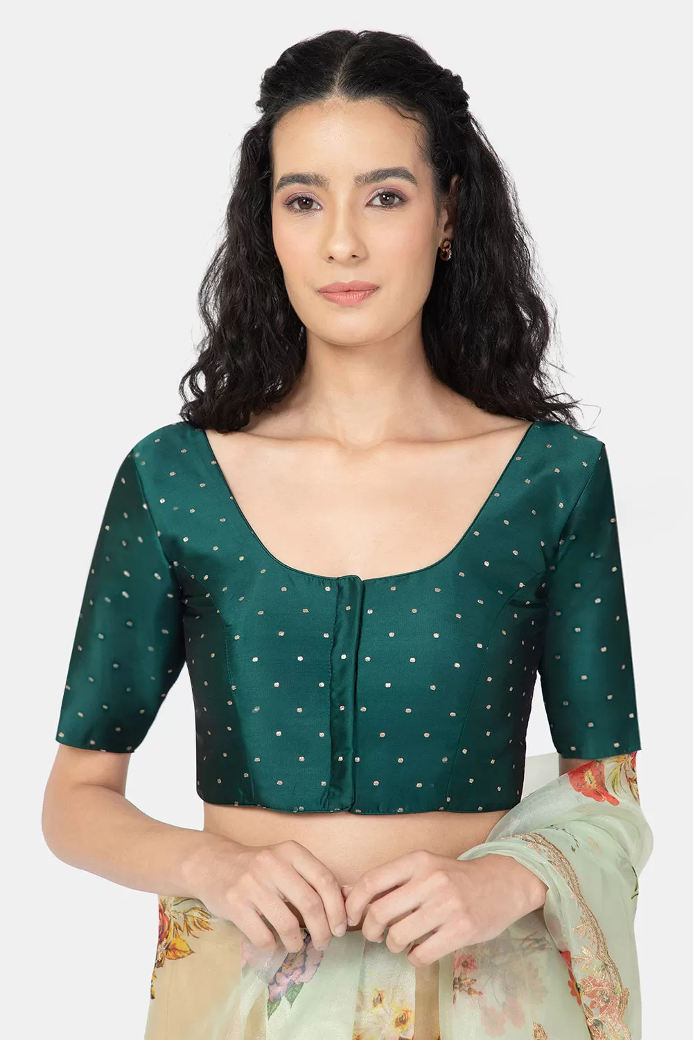 Naidu Hall Ethnic Jacquard Saree Blouse with Round Neck Elbow Sleeves - Bottle Green