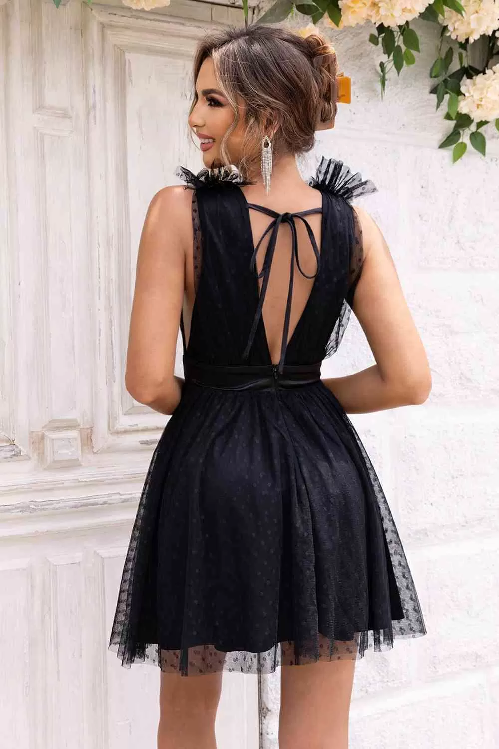 Open Back Sleeveless Black Mesh Dress