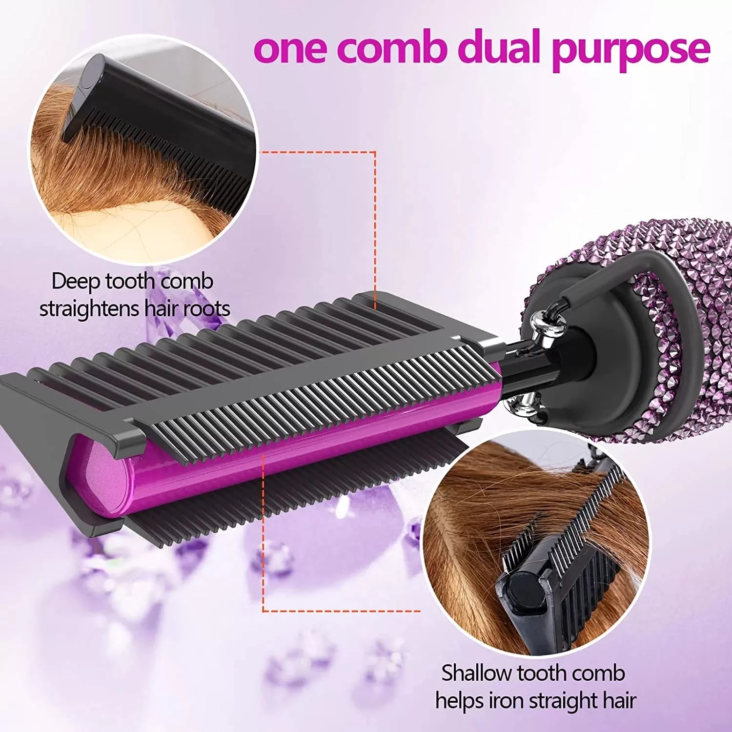 Pink Rhinestone Bling 500 Degree Heat Resistant Copper  Hair Straightening Comb Electric