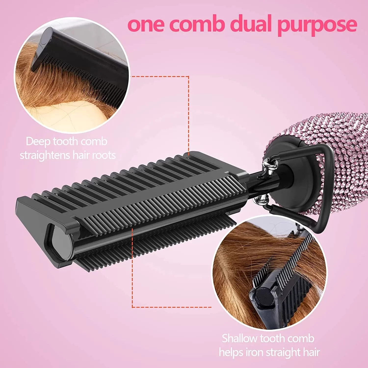 Pink Rhinestone Bling 500 Degree Heat Resistant Copper  Hair Straightening Comb Electric