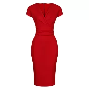 Red Deep V Cap Sleeve Bodycon Ruched Waist Wiggle Dress