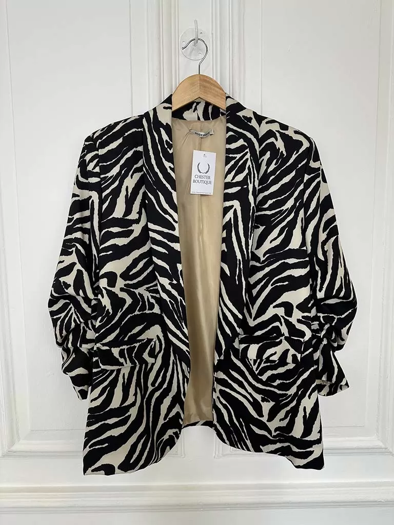 Ruched Sleeve Lined Boyfriend Blazer - Zebra