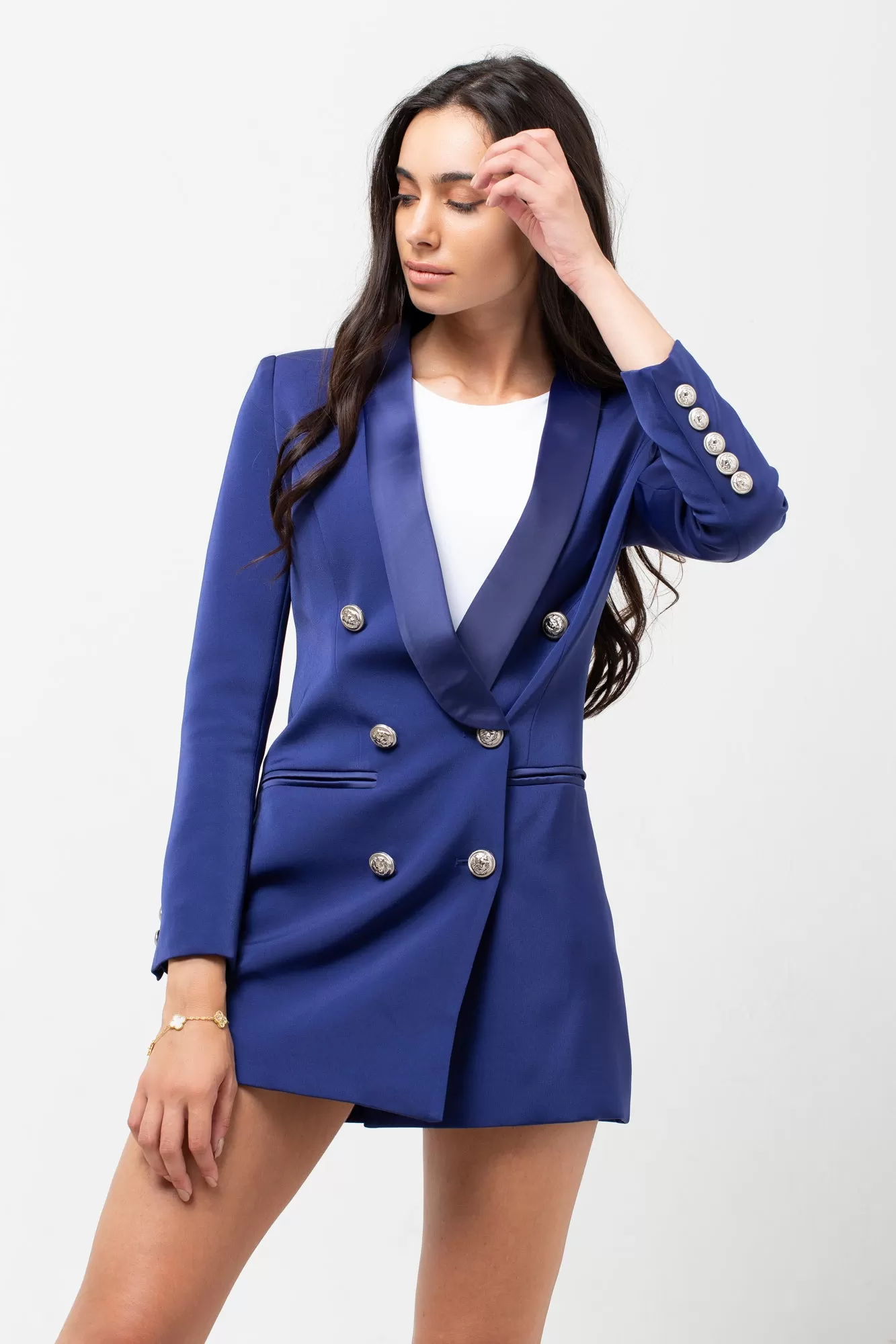 SATIN COLLAR SILVER BUTTON BLAZER DRESS NAVY