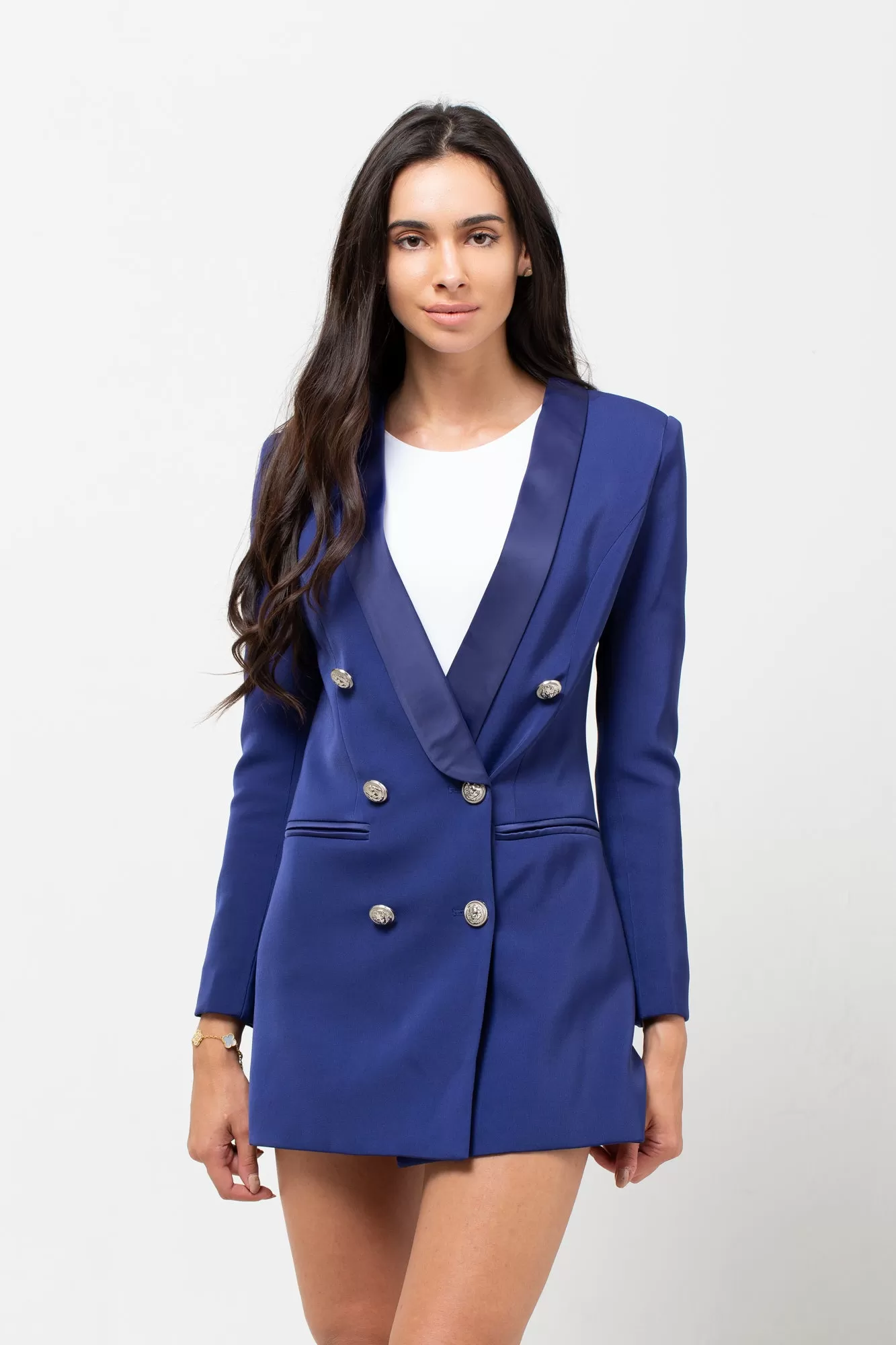 SATIN COLLAR SILVER BUTTON BLAZER DRESS NAVY