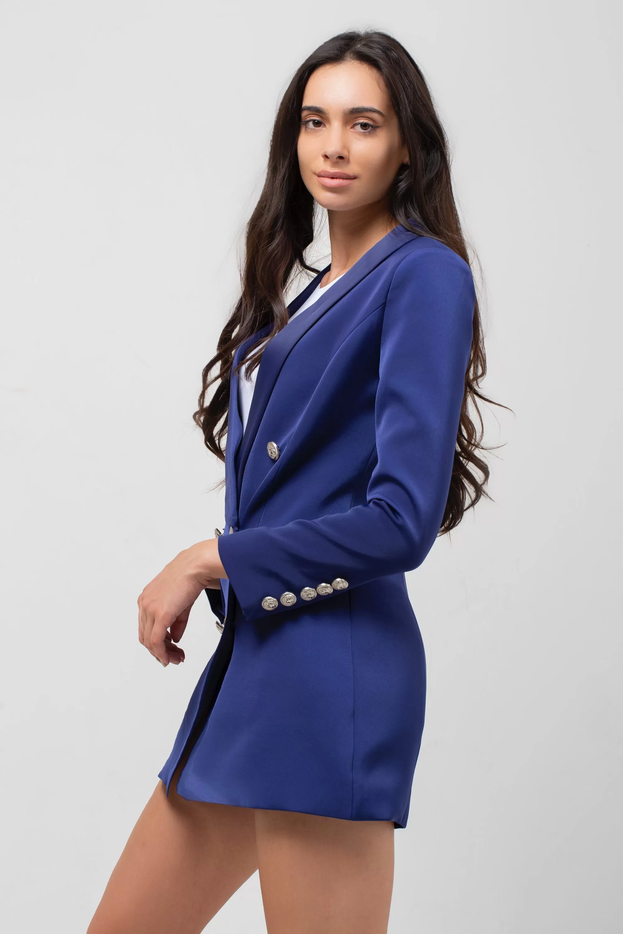 SATIN COLLAR SILVER BUTTON BLAZER DRESS NAVY