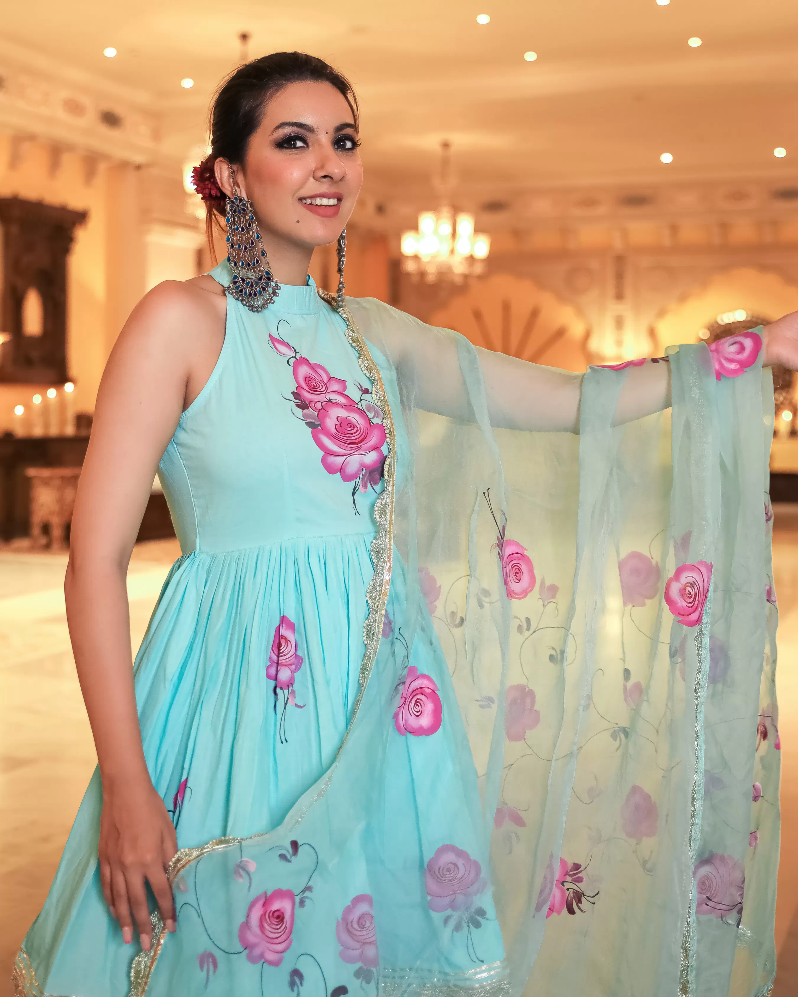 Summer Blue Handpainted Gota Sharara Set