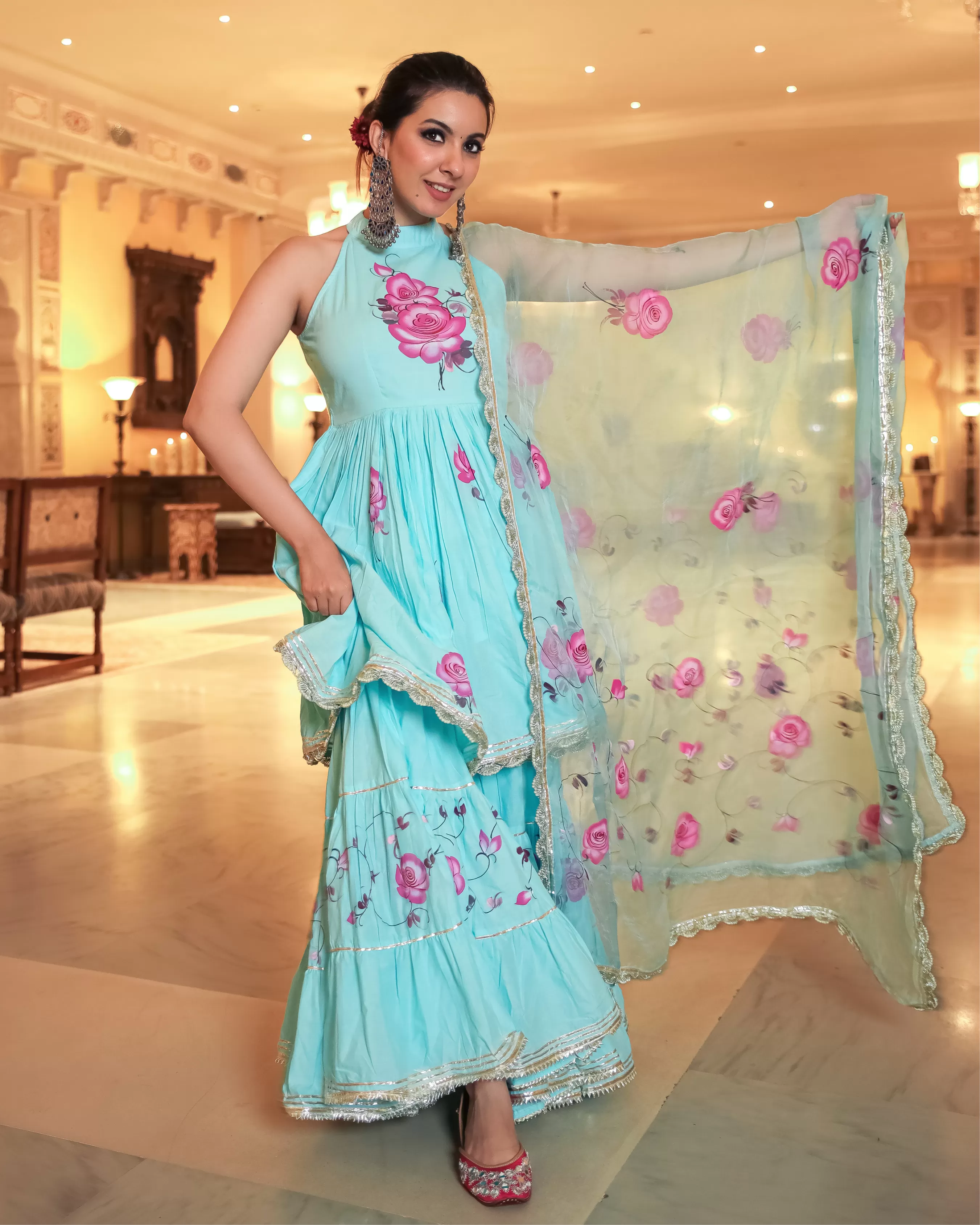 Summer Blue Handpainted Gota Sharara Set