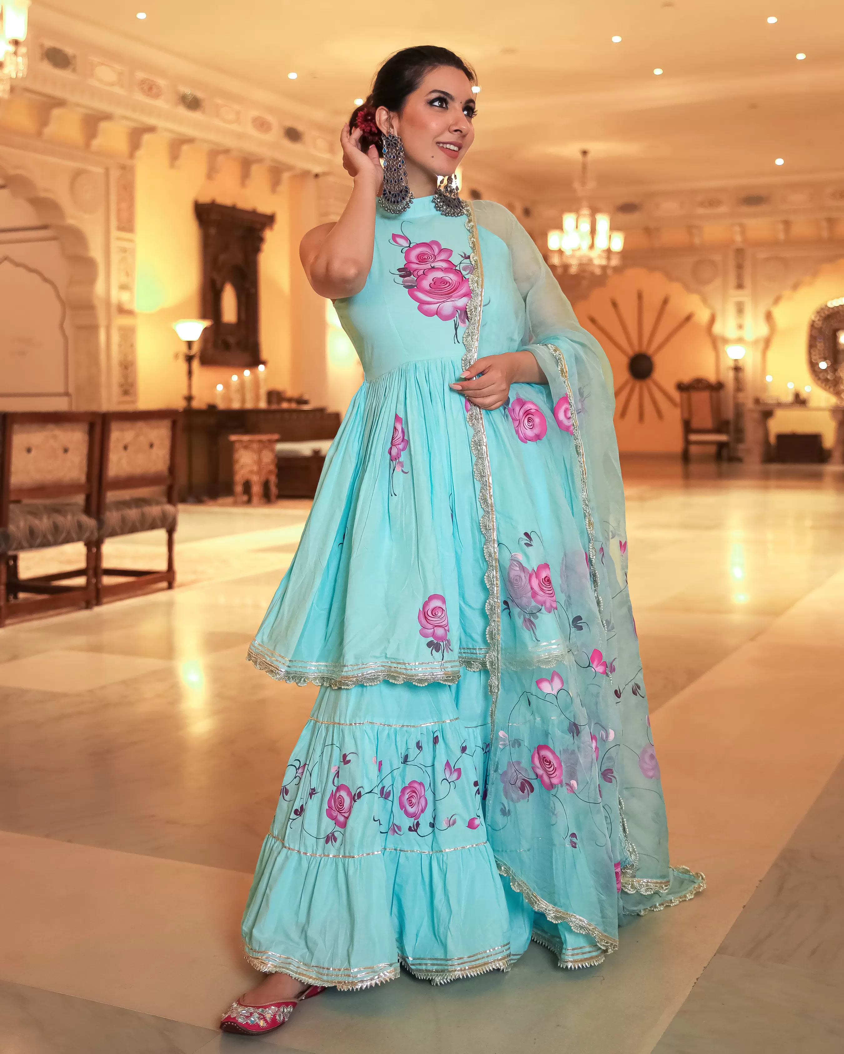 Summer Blue Handpainted Gota Sharara Set