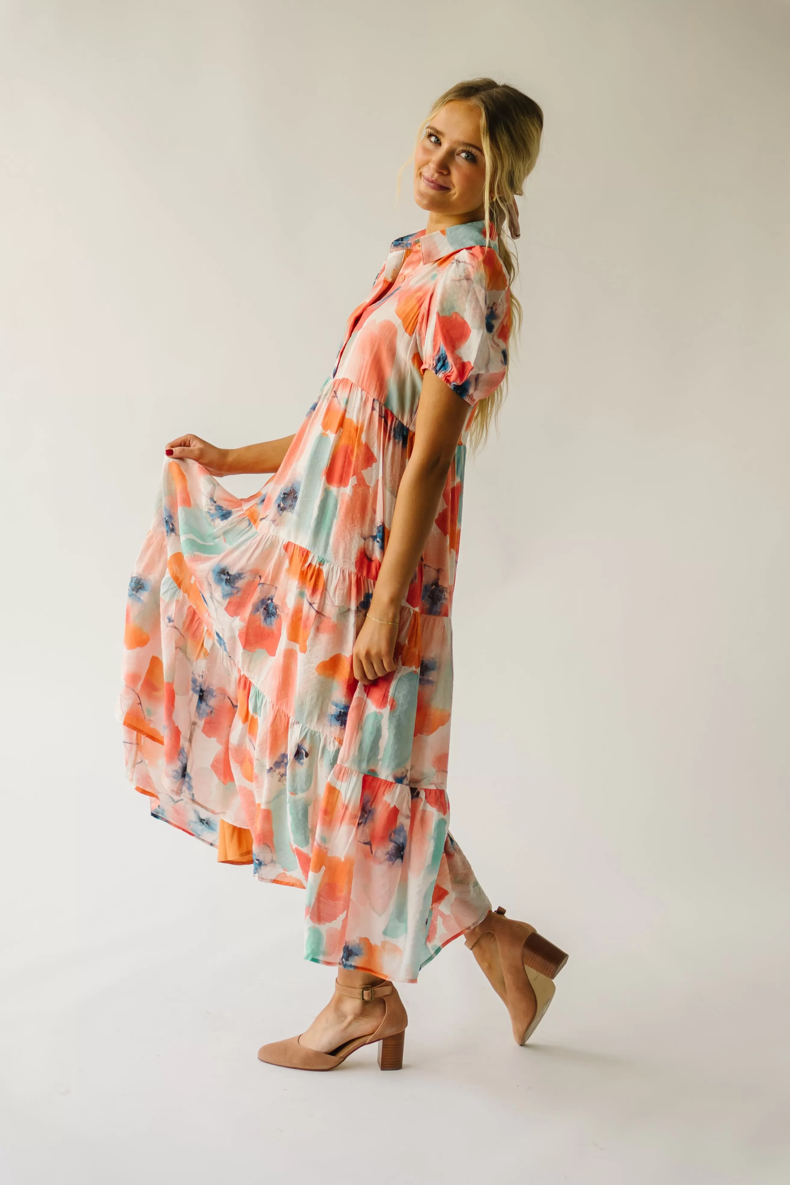 The Slaton Watercolor Tiered Midi Dress in Pink   Green Multi