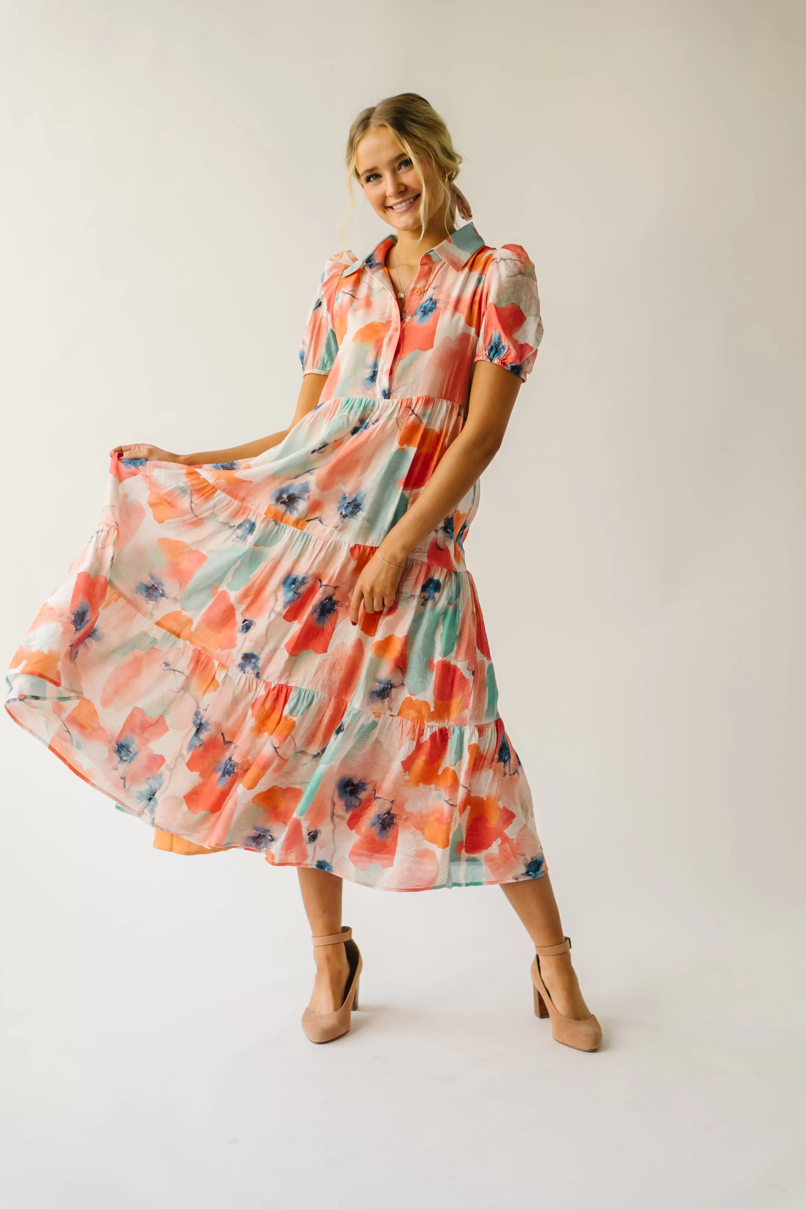 The Slaton Watercolor Tiered Midi Dress in Pink   Green Multi