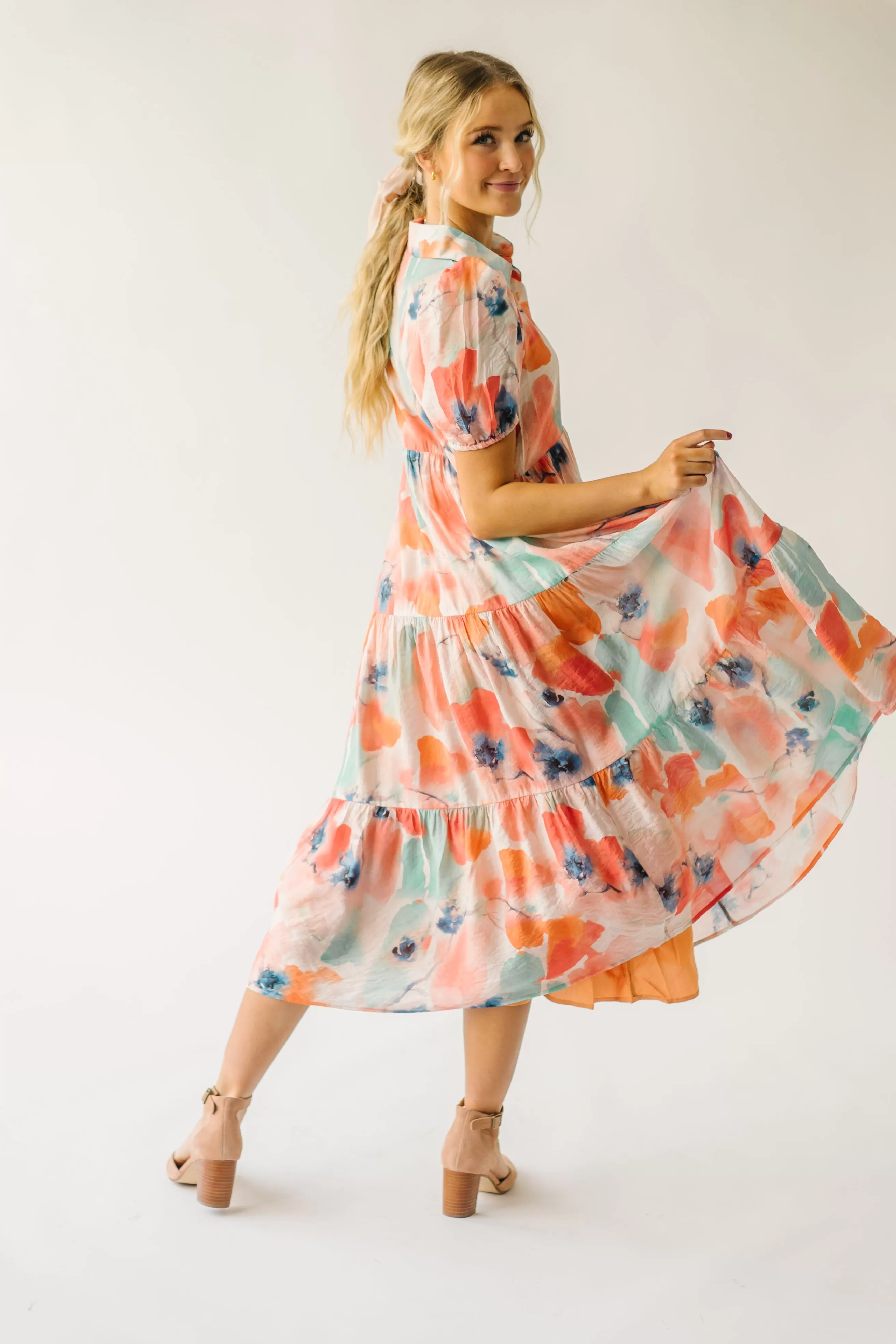 The Slaton Watercolor Tiered Midi Dress in Pink   Green Multi