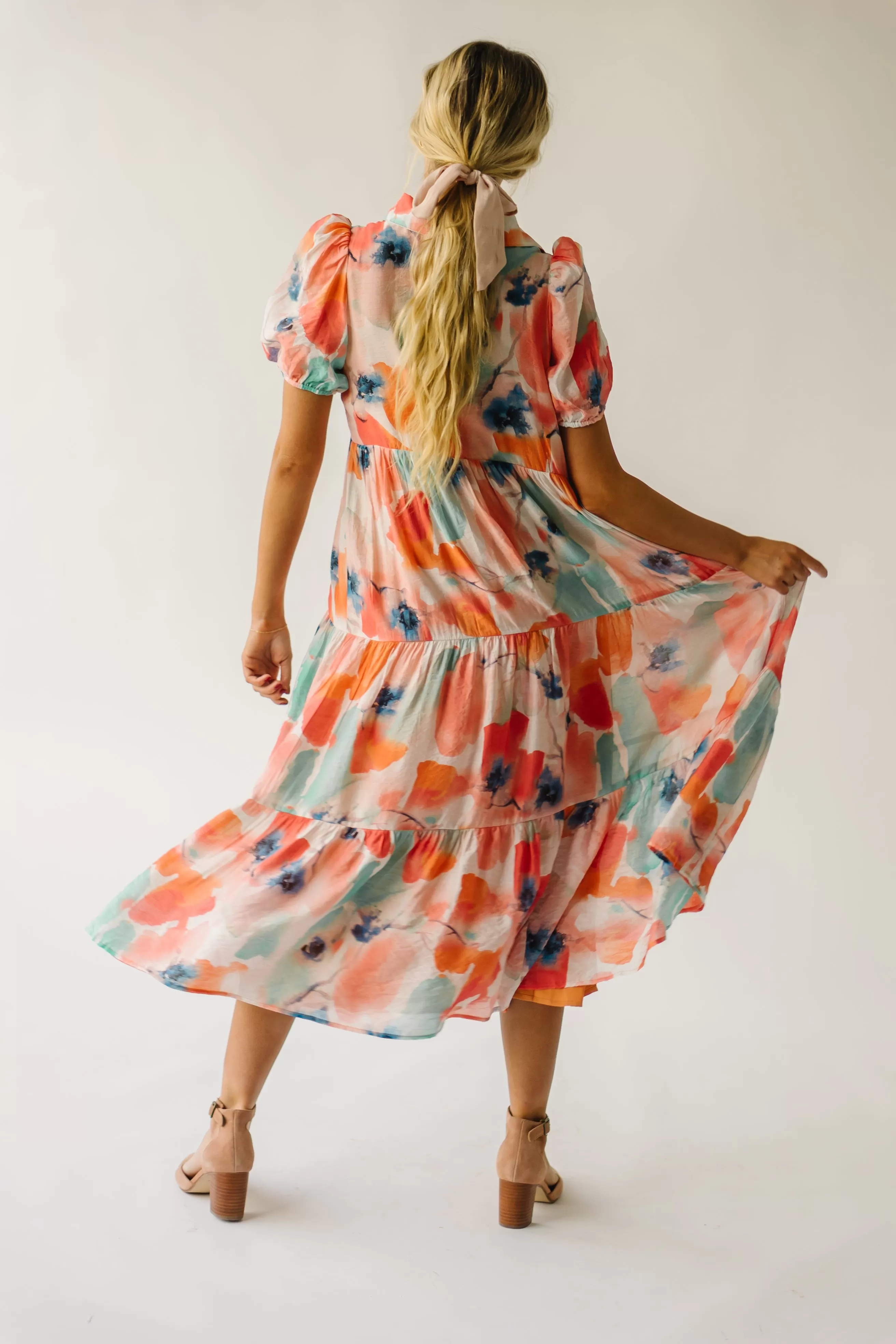 The Slaton Watercolor Tiered Midi Dress in Pink   Green Multi