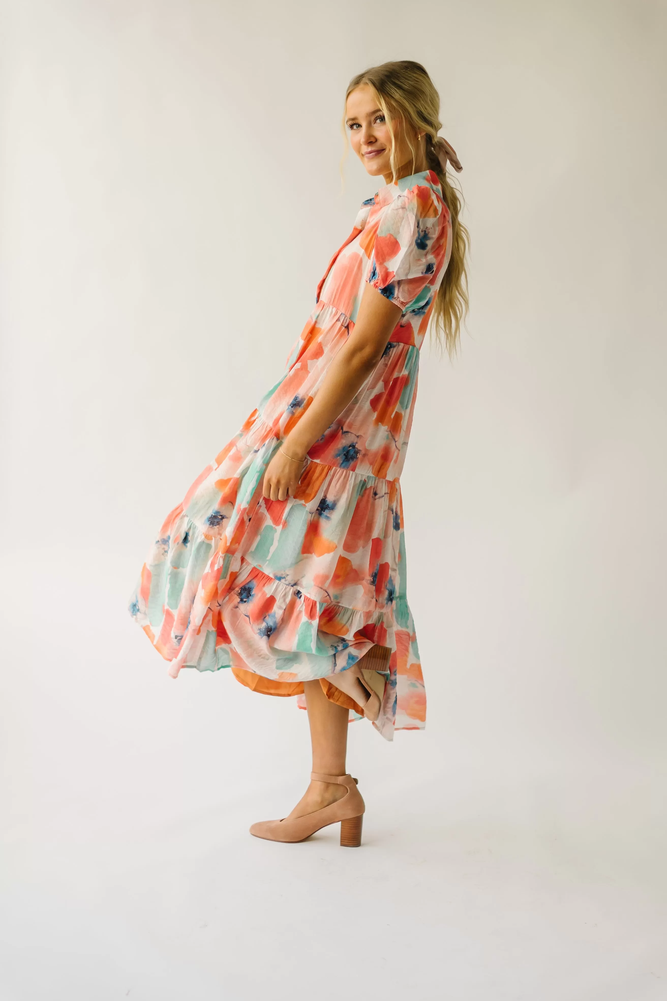 The Slaton Watercolor Tiered Midi Dress in Pink   Green Multi