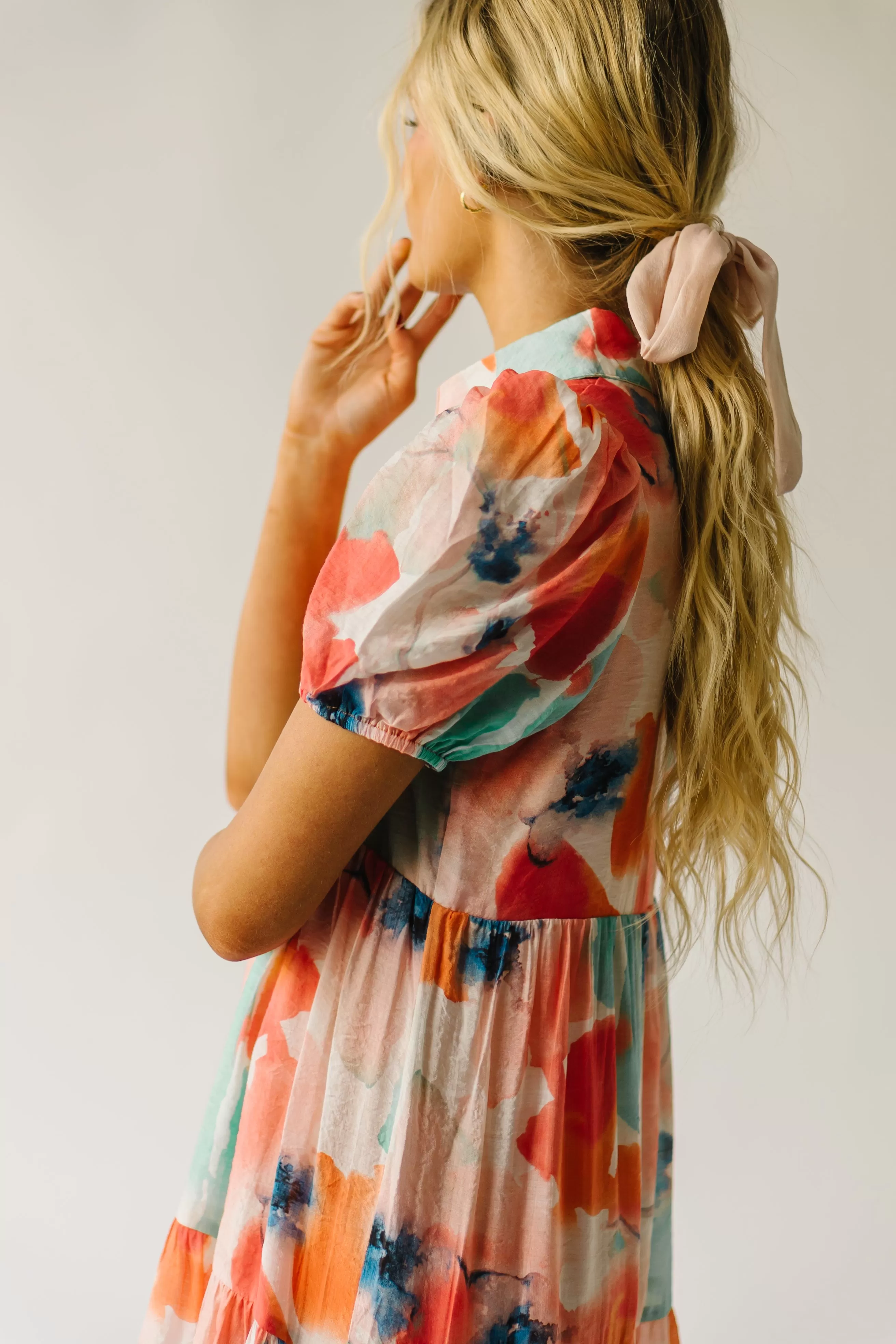 The Slaton Watercolor Tiered Midi Dress in Pink   Green Multi