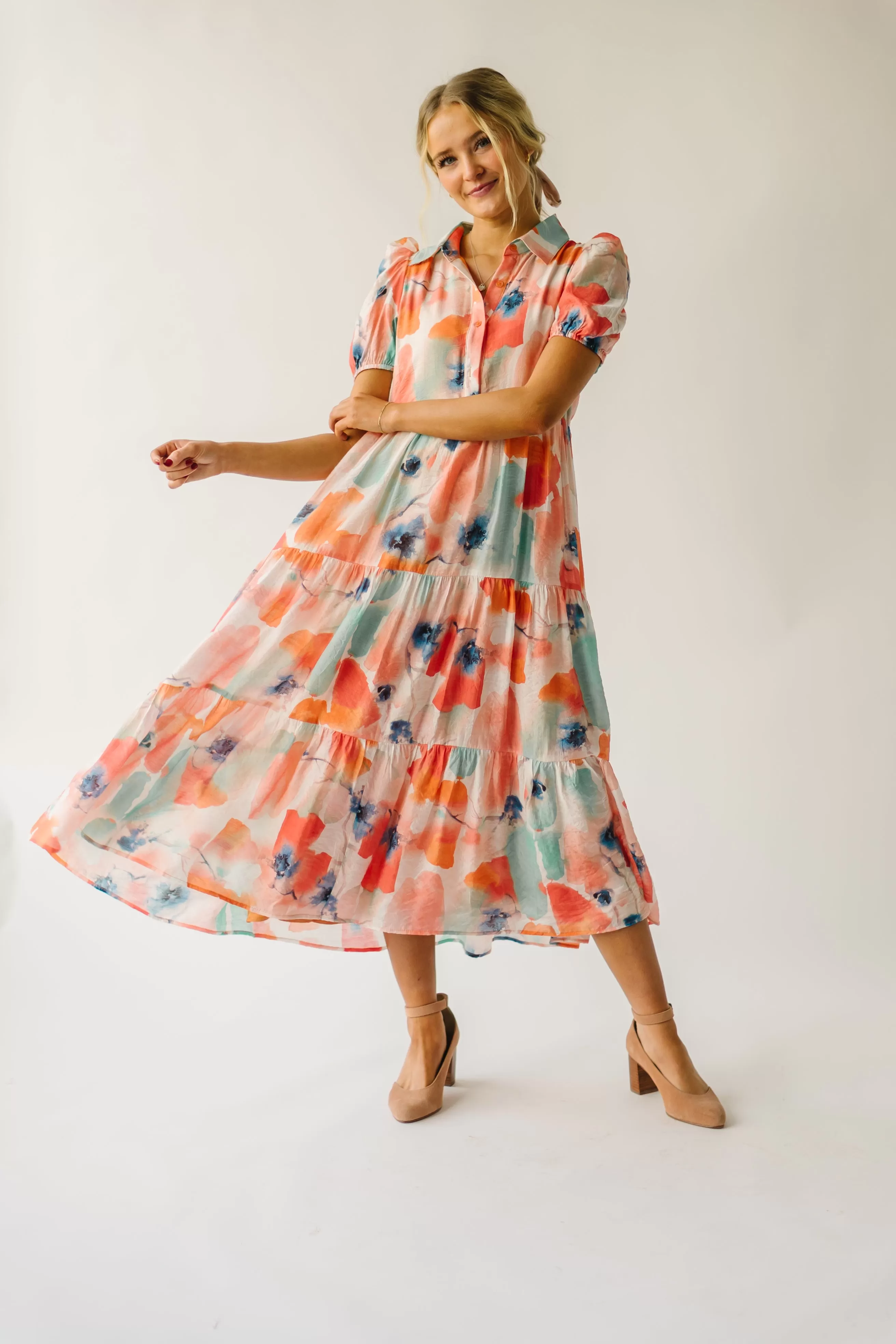 The Slaton Watercolor Tiered Midi Dress in Pink   Green Multi