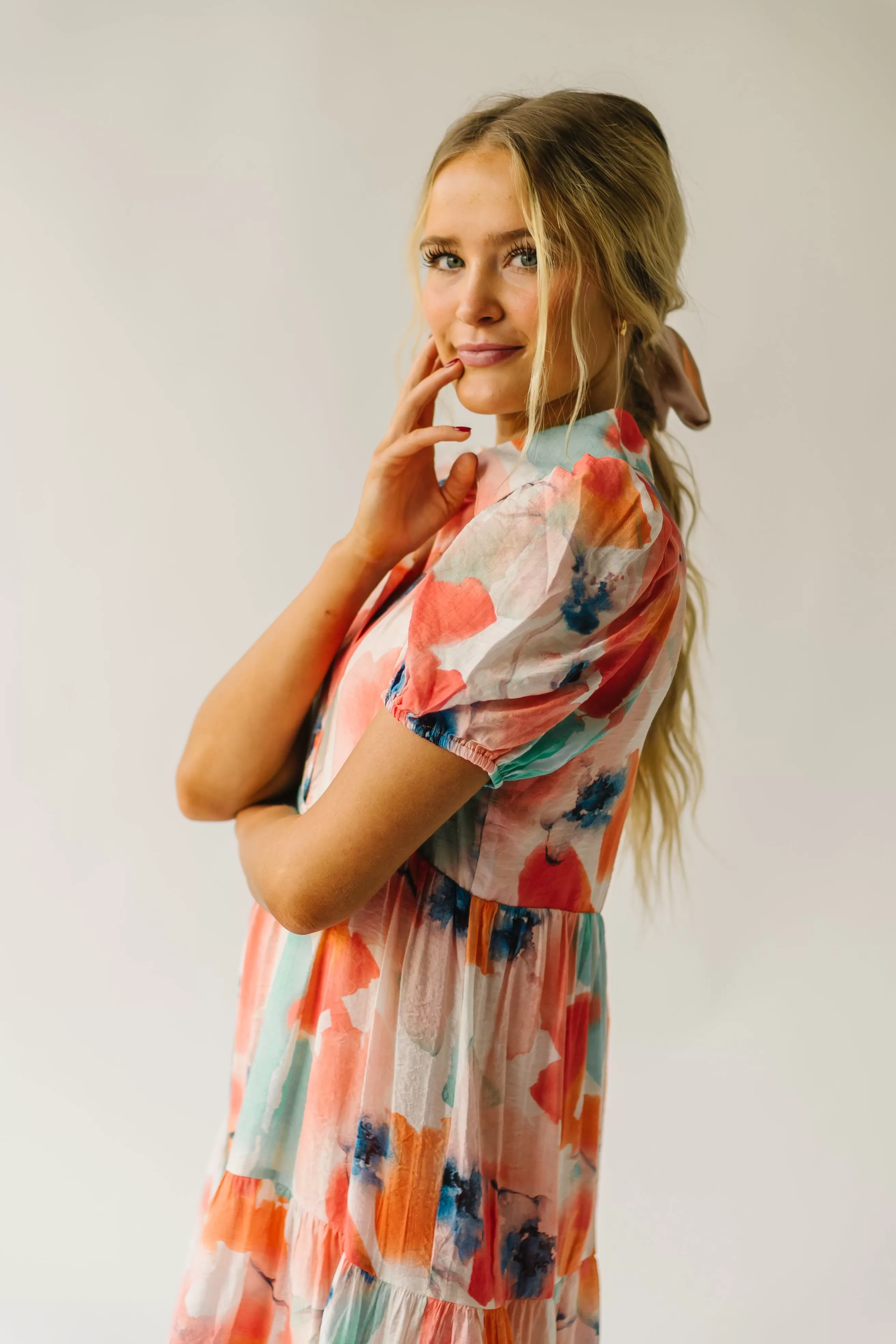 The Slaton Watercolor Tiered Midi Dress in Pink   Green Multi