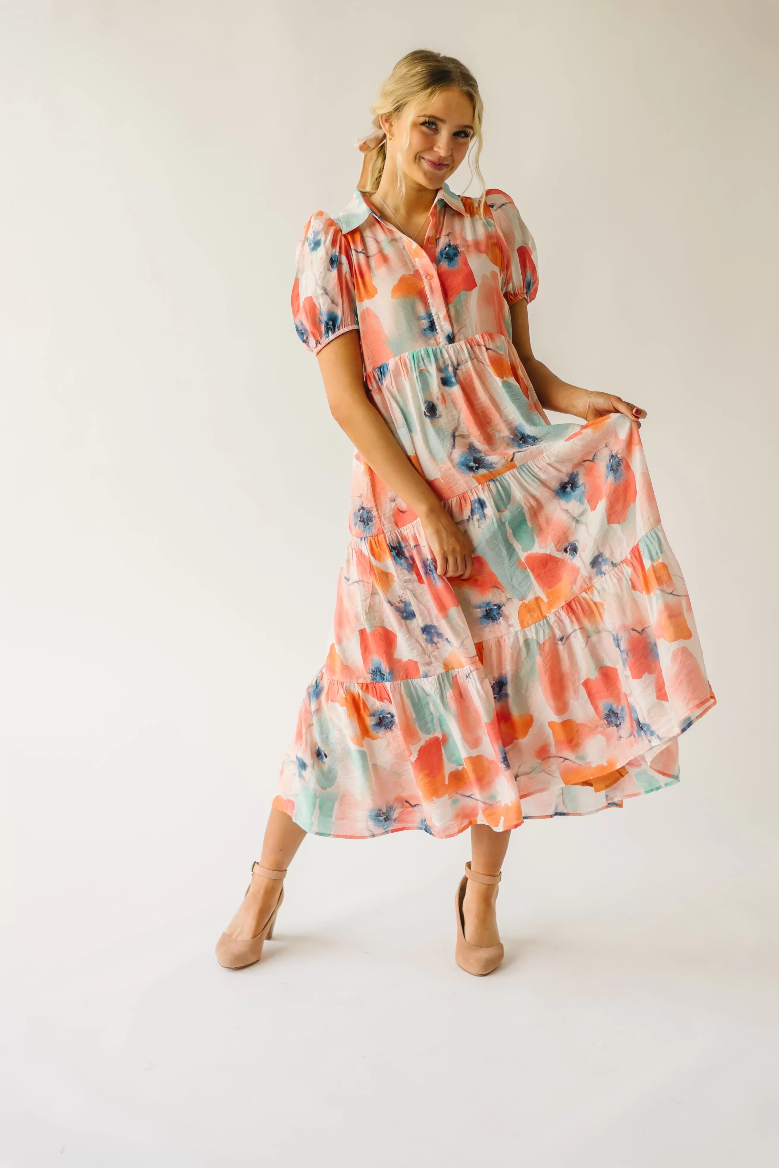 The Slaton Watercolor Tiered Midi Dress in Pink   Green Multi