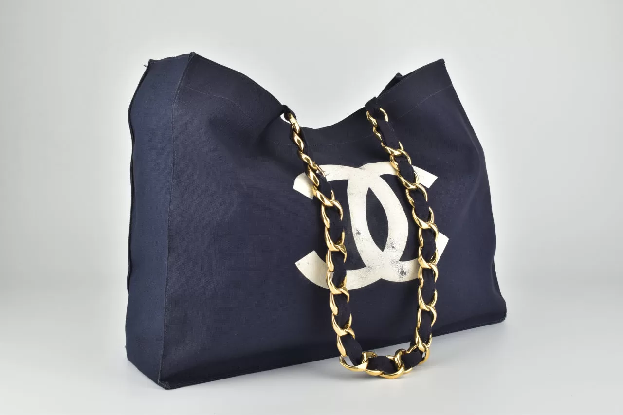 Vintage Navy Canvas Logo Shopping Tote Bag