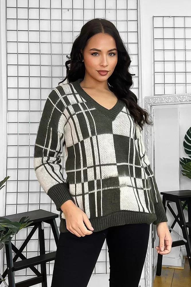 Window Plane Check Knitted V-Neck Pullover