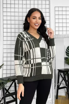 Window Plane Check Knitted V-Neck Pullover