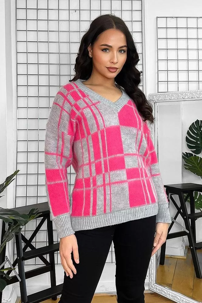 Window Plane Check Knitted V-Neck Pullover