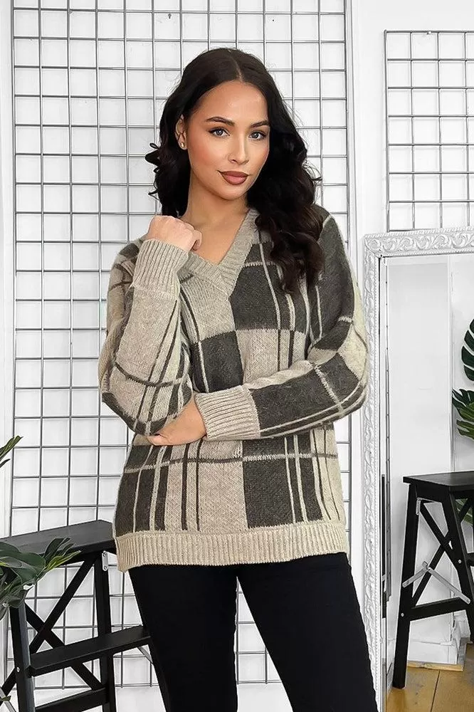 Window Plane Check Knitted V-Neck Pullover