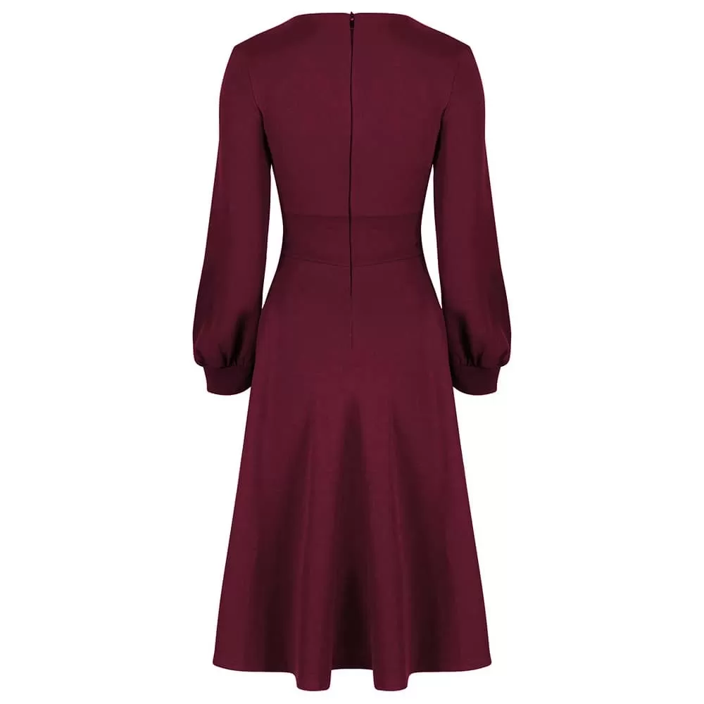 Wine Red Long Sleeve A Line Vintage Crossover Tea Swing Dress